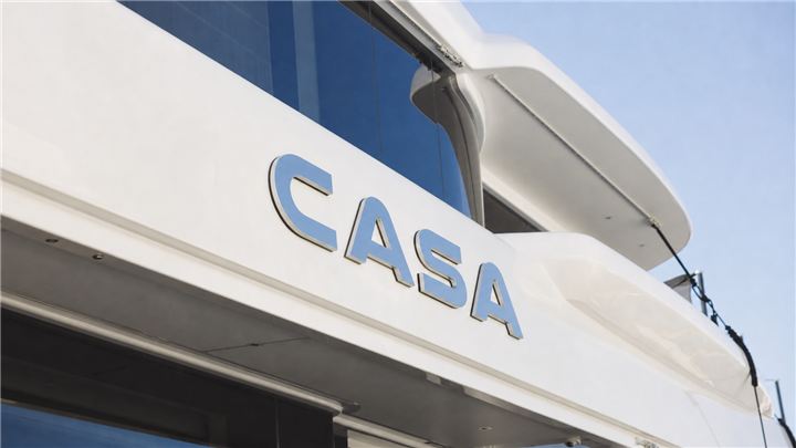 Close-up of the CASA wordmark applied to the yacht superstructure