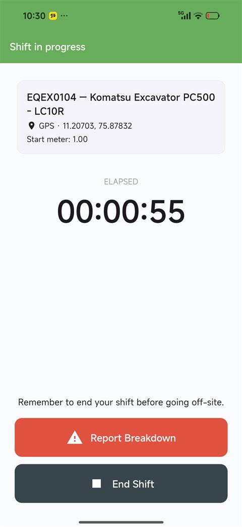 Force app showing a shift in progress with equipment ID, GPS coordinates, start meter reading and elapsed timer