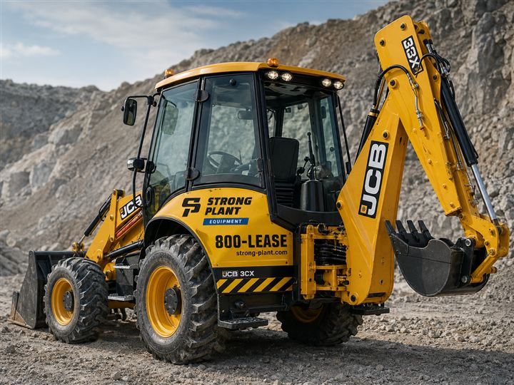 JCB 3CX backhoe loader in Strong Plant Equipment livery with mark, division chip and 800-LEASE contact number