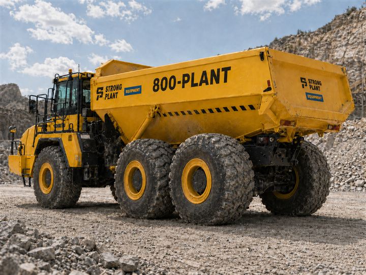 Komatsu articulated dump truck in Strong Plant Equipment livery with large 800-PLANT wordmark on the body