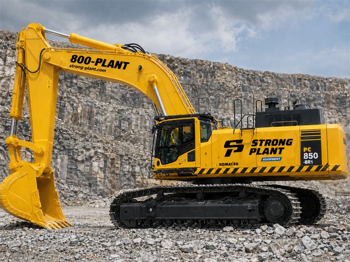 Komatsu PC850 excavator in Strong Plant Equipment livery with navy mark on the body and 800-PLANT on the boom